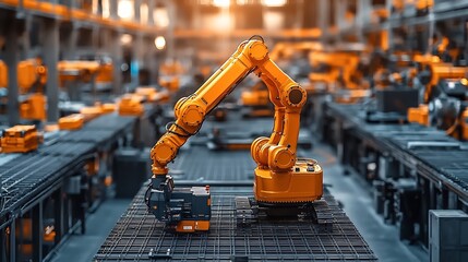Poster - robotic arm operating advanced manufacturing machinery and equipment at a futuristic high tech const