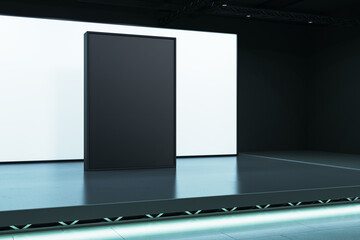 Aufkleber - Black and white display panel on an illuminated stage in a dark interior setting with clean modern design. 3D Rendering