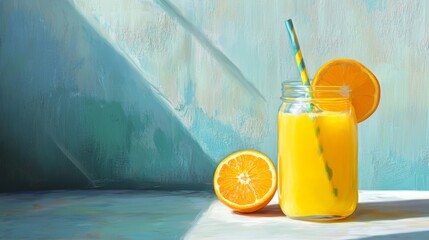 Poster - Fresh Orange Juice in Jar with Straw and Slices on Table