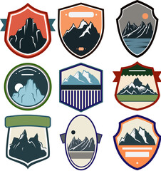 Wall Mural - retro mountains badge set cartoon. outdoors nature, wilderness landscape, travel explore retro mountains badge sign. isolated symbol vector illustration