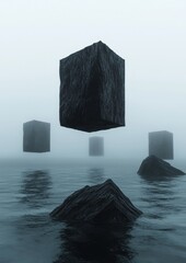 A series of cubes floating in the water with a foggy sky in the background