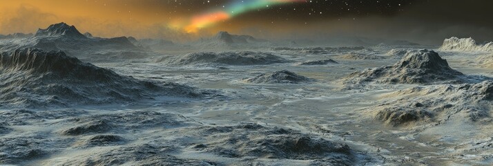 Wall Mural - A surreal extraterrestrial landscape under a colorful aurora in a starry sky.