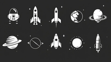 Poster - Space and astronomy isolated monochrome icons. Vector spaceman suit and rocketship, aircraft and shuttle, exploration of cosmos. Planet on orbit, rocket and satellite, spacecraft and launch missile