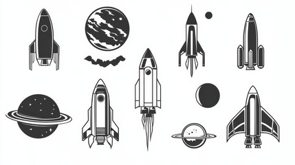 Poster - Space and astronomy isolated monochrome icons. Vector spaceman suit and rocketship, aircraft and shuttle, exploration of cosmos. Planet on orbit, rocket and satellite, spacecraft and launch missile