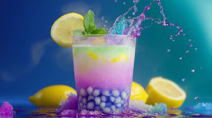 Poster - Vibrant Refreshing Drink with Colorful Layers and Lemon Garnish