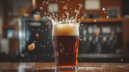 Poster - Refreshing Beer Glass with Splash and Foam on Wooden Table