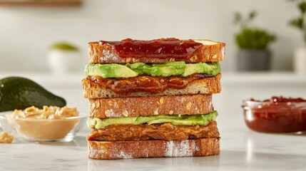 Poster - Delicious Layered Toast with Avocado, Peanut Butter, and Jam