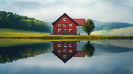 Canvas Print - Red house reflected in calm lake water.