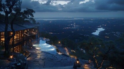 Wall Mural - Luxurious hillside house with infinity pool overlooking city lights at twilight.