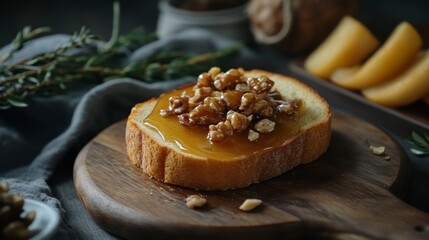 Poster - Toast with Honey and Nuts on Wooden Board with Fresh Ingredients