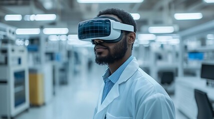 Poster - Engineer in a high tech laboratory wearing a virtual reality headset exploring and experimenting with new technological advancements for innovative research and development