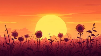 Aufkleber - Vibrant Sunset Over Silhouetted Sunflowers Against Orange Sky