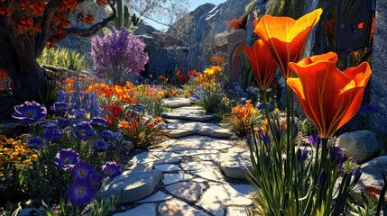 Wall Mural - A vibrant garden path lined with colorful flowers and lush greenery.