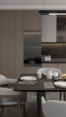 Wall Mural - Modern style kitchen with covered dining table. 3d render