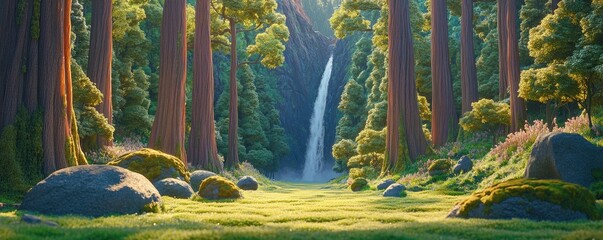 Wall Mural - A serene forest scene featuring a waterfall surrounded by tall trees and lush greenery.