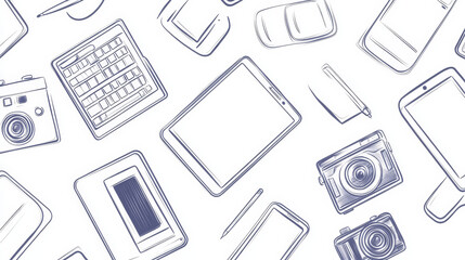 Poster - sketch of modern smartphone, tablet pc, laptop and digital photo camera, for electronic devices them