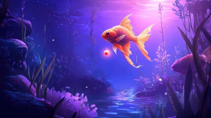 Canvas Print - Golden fish swimming in a vibrant underwater scene.