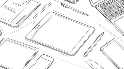 Poster - Sketch of modern smartphone, tablet pc, laptop and digital photo camera, for electronic devices theme design