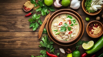 Wall Mural - Freshly Prepared Thai Coconut Chicken Soup with Herbs and Spices