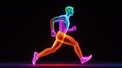 Poster - Colorful Neon Outline of a Running Person in Dark Background