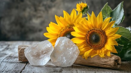 Poster - Sunflowers and quartz crystals on driftwood.