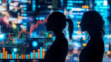 Poster - Silhouetted business professionals standing in front of a cityscape backdrop with real time financial data visualizations and trading charts layered over the scene