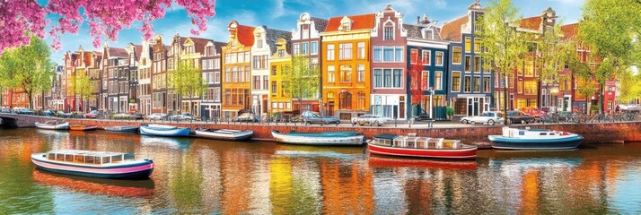 Poster - Vibrant canal scene with colorful houses and boats reflecting on water.