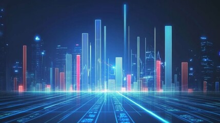 Fototapete - Futuristic Cityscape with Vibrant Digital Data Analytics Visuals