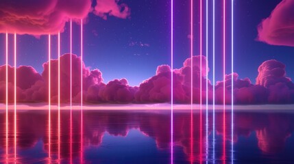 Canvas Print - Pink & blue neon lines reflecting on calm water under vibrant clouds at night.