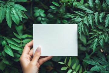 Wall Mural - Blank white card held against a backdrop of lush green foliage in a natural setting during daylight