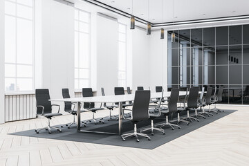 Poster - Modern conference room with sleek black chairs and a large white table, light interior design, and expansive windows. 3D Rendering