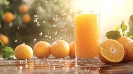 Poster - Fresh Orange Juice in a Glass with Sliced Oranges and Droplets