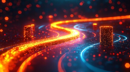 Poster - Glowing abstract path winding through a surreal landscape of dynamic obstacles and illuminated elements leading towards a luminous and mysterious target representing the journey of progress growth