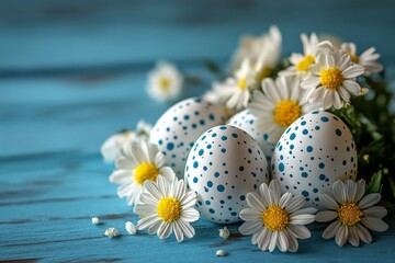 Wall Mural - Decorative speckled eggs arranged with fresh daisies on a vibrant blue wooden surface for spring celebrations