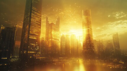 Canvas Print - Futuristic city skyline at sunset, golden hour, cityscape.