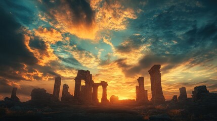 Canvas Print - Dramatic sunset over ancient ruins, silhouetted against vibrant sky.