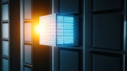 Poster - Modern Data Center Server Rack with Bright LED Lighted Display Panel