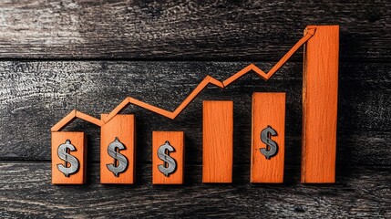 Poster - Conceptual paper cut out bar graph chart depicting rising trends and shrinking dollar sign symbols representing financial growth progress and economic performance