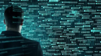 Poster - Futuristic Data Science Concept with Man Analyzing Digital Information Background