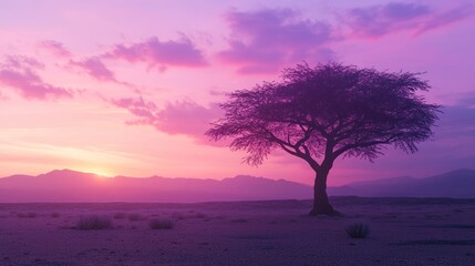 Canvas Print - Solitary tree silhouette at sunset in a purple desert landscape.