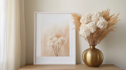 Canvas Print - Beige floral print in white frame with pampas grass in gold vase on wooden surface.