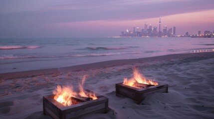 Canvas Print - Two beach bonfires at sunset with city skyline.