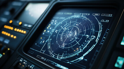 Poster - HUD target aim controls on futuristic screen interface, vector dashboard background. HUD target aims on radar screen, game dashboard and UI panel controls with crosshair technology