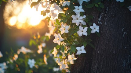 White flowers blooming on tree trunk at sunset.