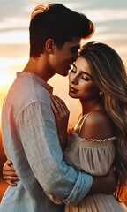 Wall Mural - In the glow of a vibrant sunset, two individuals share a tender embrace, their connection evident as they bask in the warmth of the golden hour, surrounded by nature’s beauty
