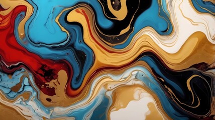 Abstract colourful marble background fluid art painting alcohol ink style with a mix of black, gold, red and blue colours. Beautiful swirl marble background.