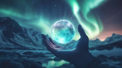 Poster - Glowing orb held in hand against aurora borealis and snowy mountains.