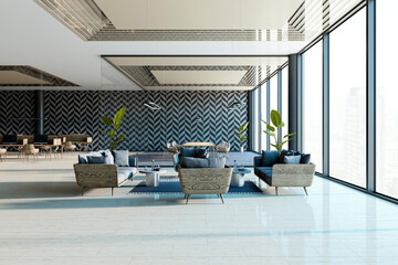 Poster - Modern spacious waiting area with stylish furniture, large windows, and vibrant decor in a business lounge interior. 3D Rendering