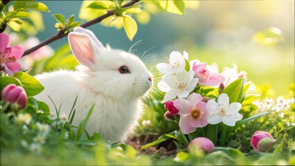 Wall Mural - Adorable white bunny with spring blossoms in sunlit garden