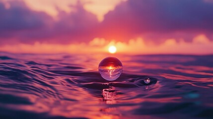 Wall Mural - Sunset reflected in a glass sphere floating on water.